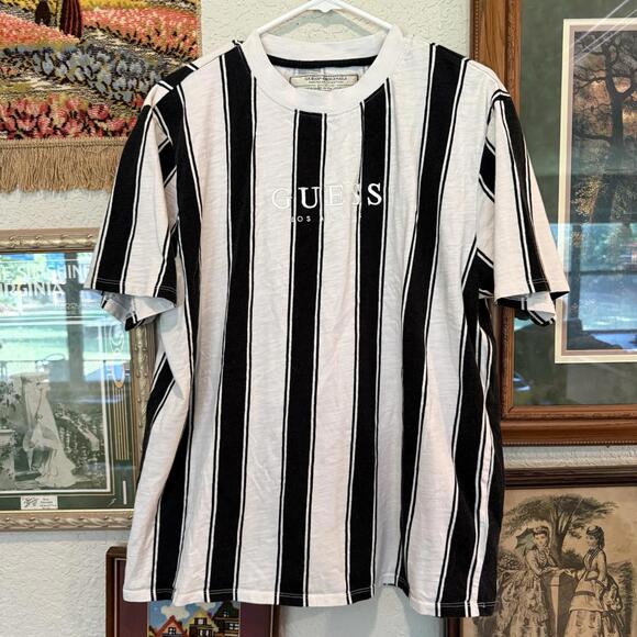 Vintage 90s Guess Originals Black And White Striped Skate Surfing Shirt Size L - Picture 1 of 6